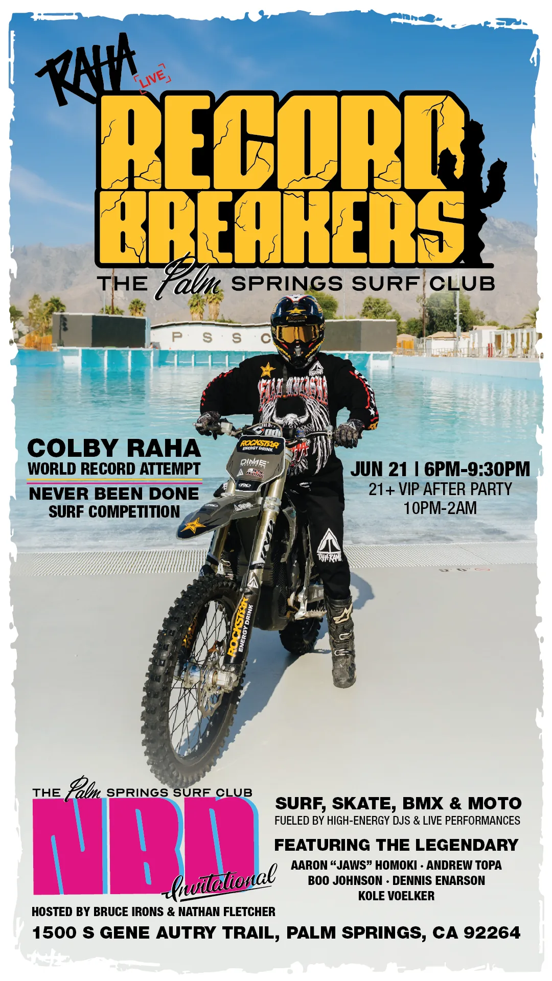 Record Breakers event poster with Colby on the bike at the surf park