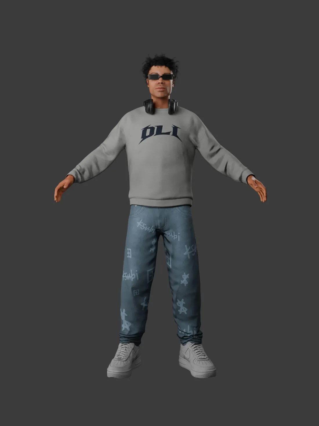 High poly 3D likeness model of Oli in a grey crewneck, headphones and printed jeans